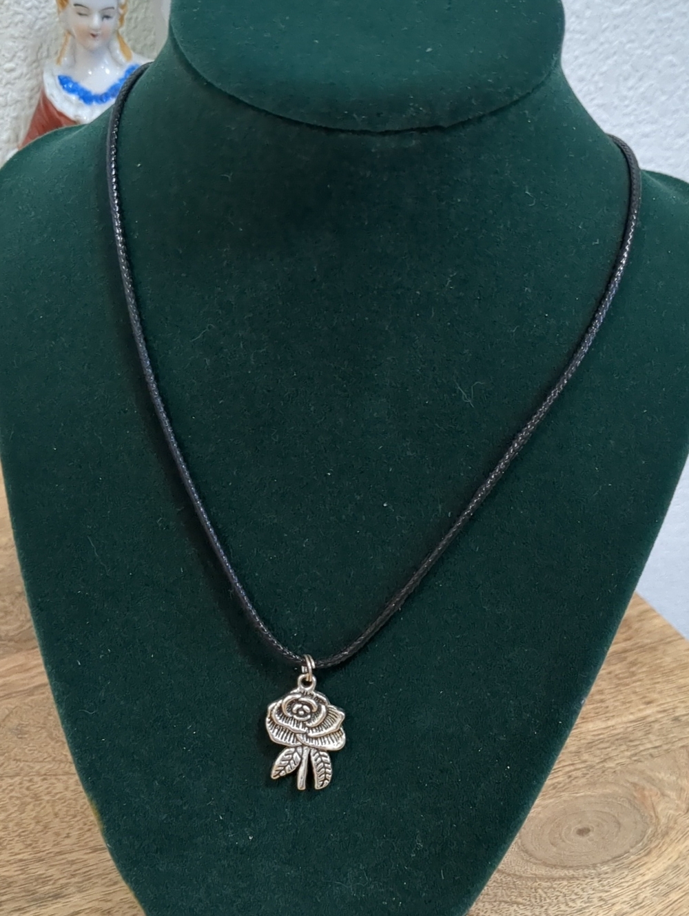 Silver Tone Rose Pendant Necklace in Black Cord